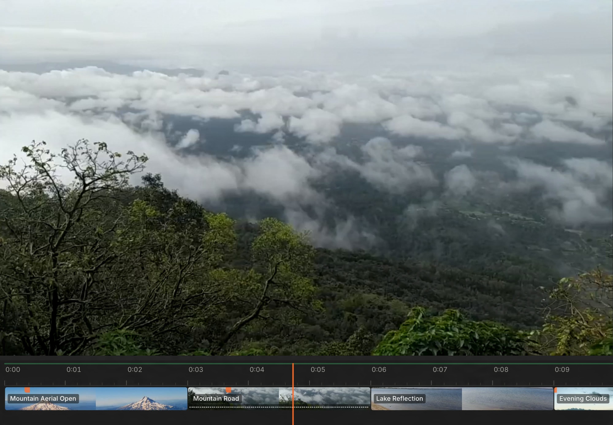 The Agent Studio workspace: a trip film playing in the preview, with its clips on the timeline below.